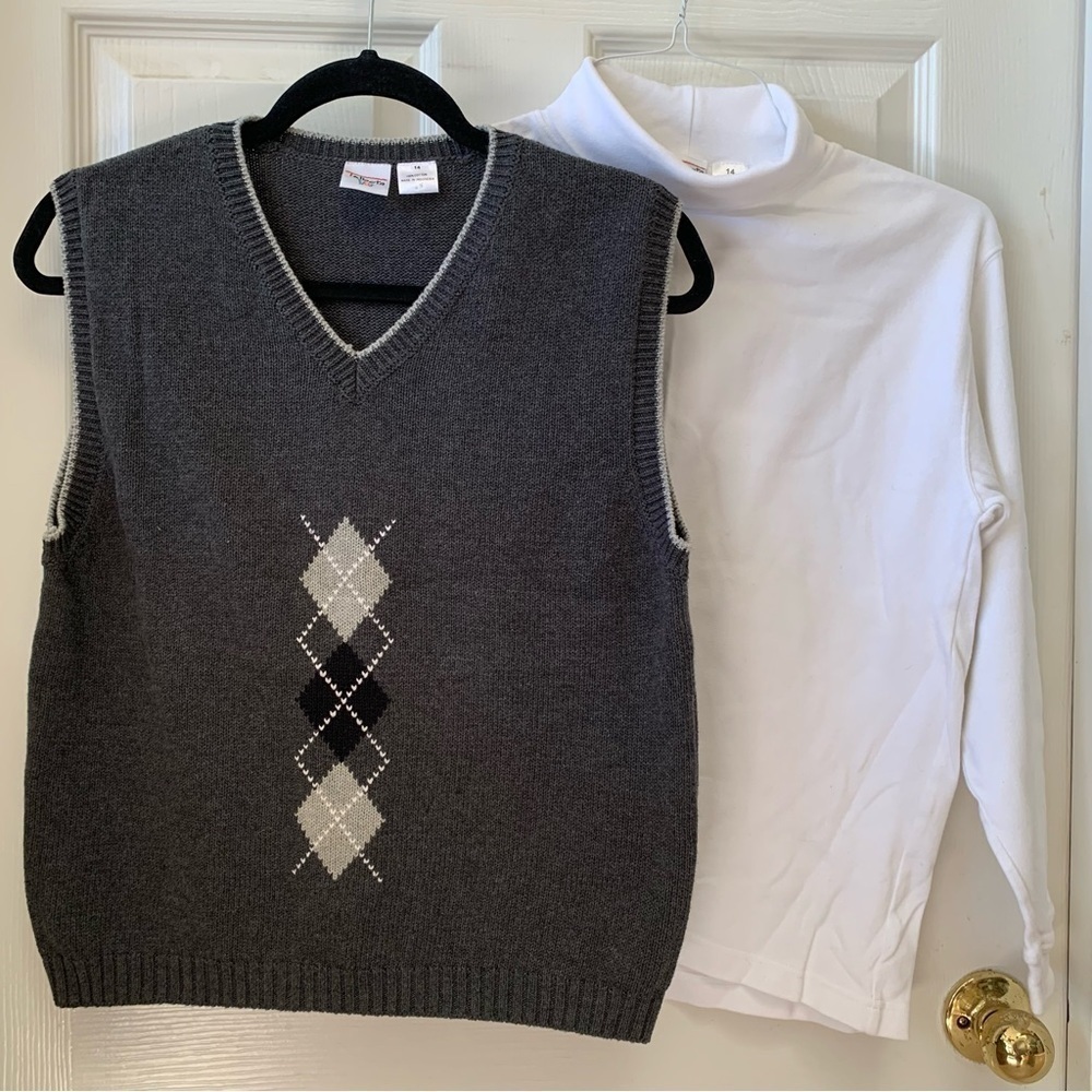 TALBOTS KIDS 2 pc argyle knit sweater vest long sleeve turtleneck shirt winter